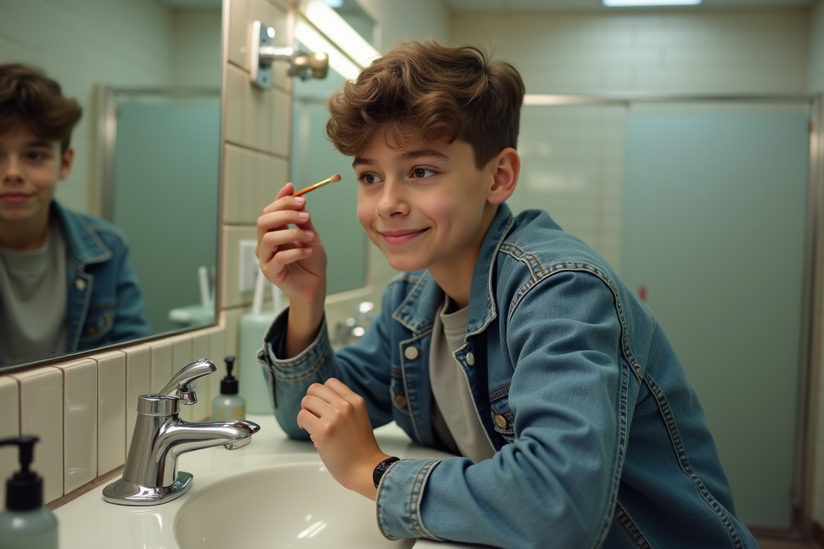 Adolescent testant un maquillage dans la salle de bain