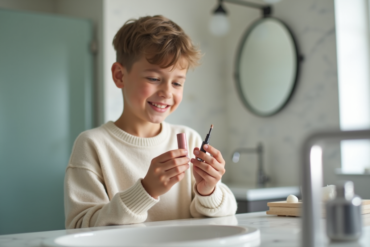 Adolescent explore ses premiers produits de maquillage dans la salle de bain