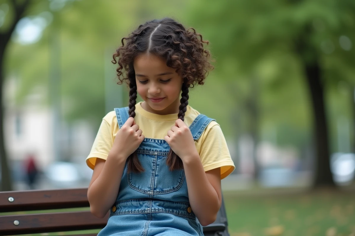 Adolescente en denim tressant ses cheveux dans un parc urbain