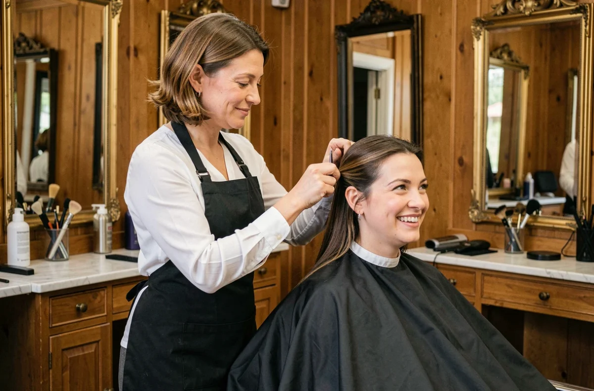 Coiffeuse professionnelle réalisant une coupe de cheveux pour une cliente dans le salon Alexia Coiffure à Rumilly