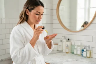 Femme appliquant une huile hydratante visage avec un compte-gouttes en verre dans une salle de bain lumineuse, routine de soin matin