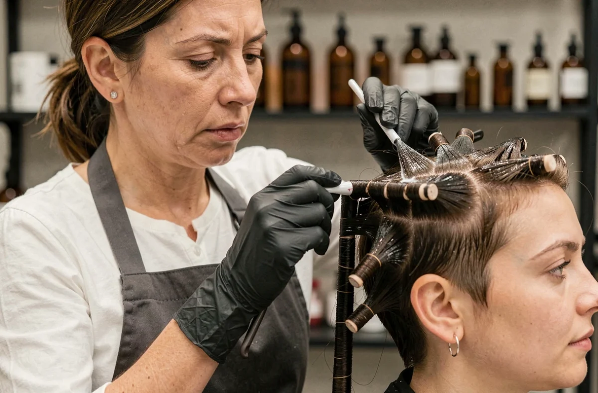 Coiffeuse professionnelle appliquant une solution de permanente sur les bigoudis d'une cliente en salon