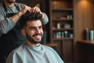 Jeune homme souriant en salon de coiffure moderne