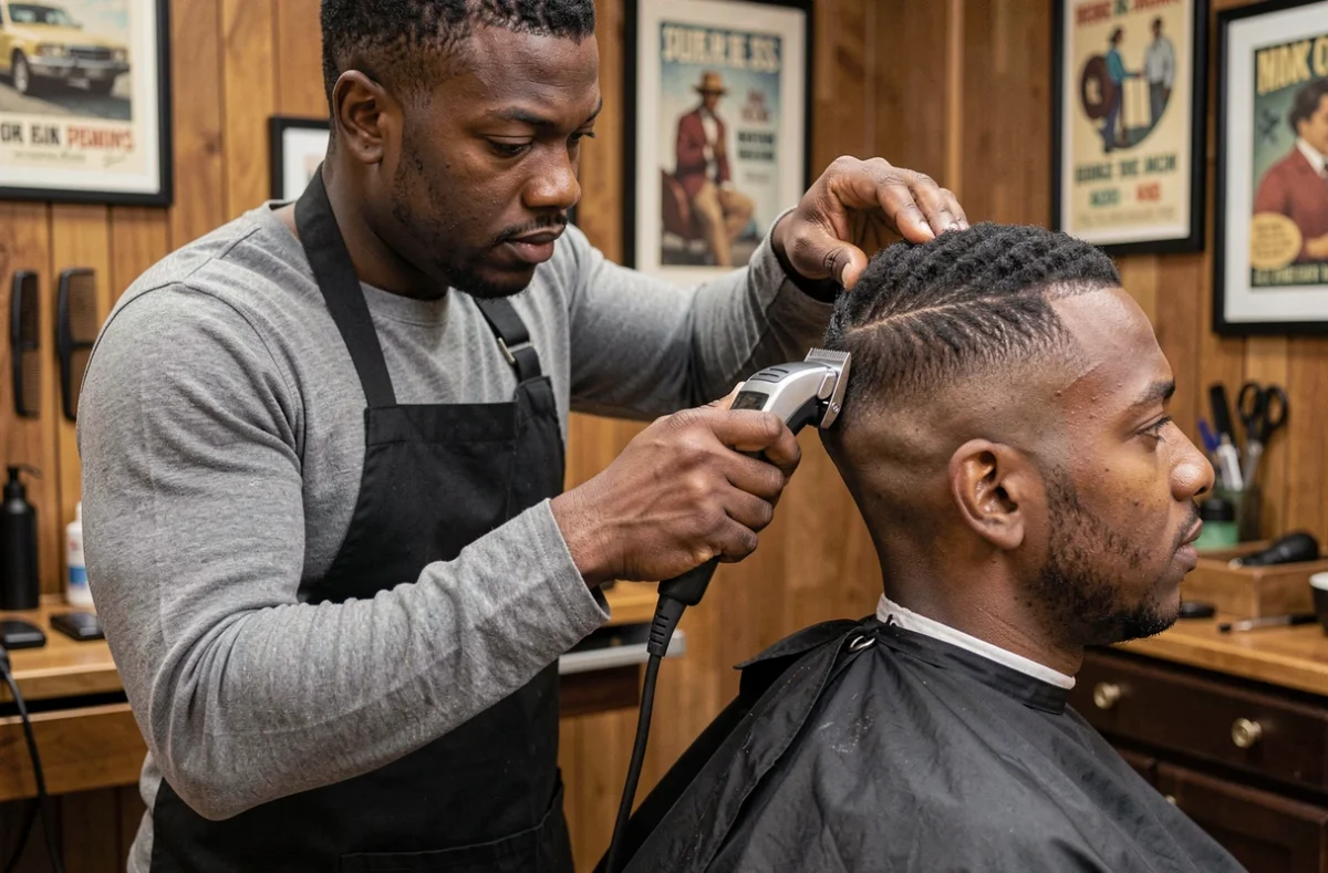 Barbier professionnel réalisant une coupe taper dégradée sur cheveux afro d'un client en salon