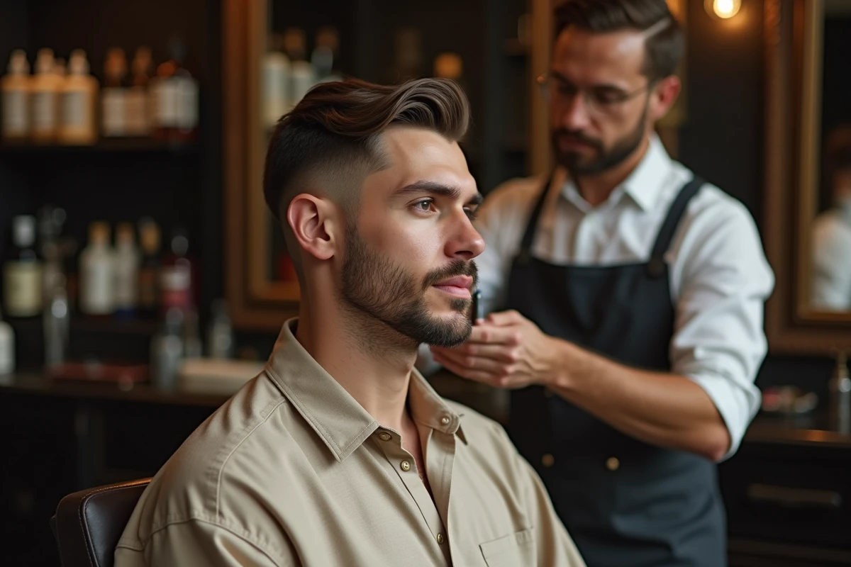 Homme se faisant tailler la barbe par un barbier dans un salon de toilettage masculin haut de gamme à Paris