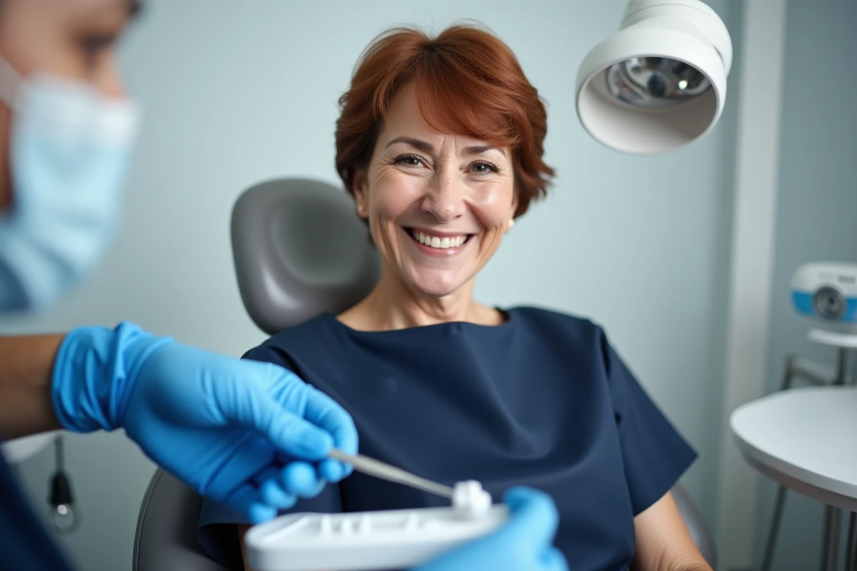 Femme souriante assise dans un fauteuil de dentiste lors d'un soin de blanchiment des dents professionnel en cabinet dentaire moderne