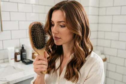 Femme aux cheveux ondulés tenant une brosse à poils de sanglier dans une salle de bain moderne pour choisir la brosse idéale