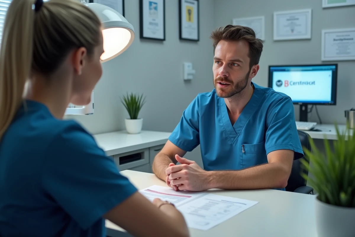 Dentiste discutant d'un plan de traitement avec un patient dans un cabinet dentaire professionnel