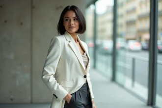 Femme avec un carré boule court chic et volumineux portant un blazer blanc tailleur dans un cadre urbain épuré