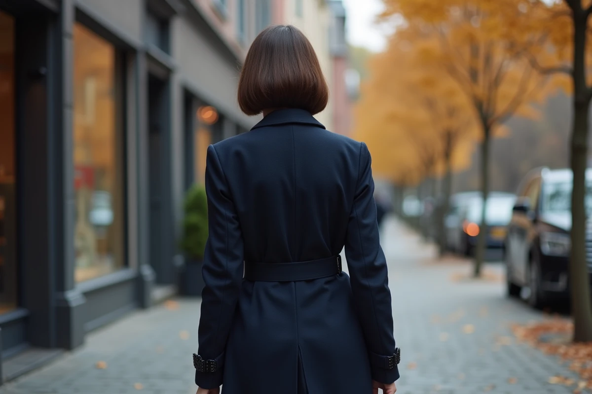 Vue de dos d'une femme avec un carré boule court parfaitement structuré marchant sur un trottoir pavé en manteau marine