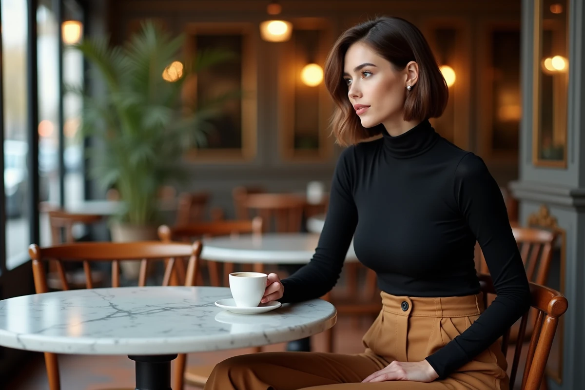 Femme arborant un carré boule court dans un café parisien, look garçonne chic en col roulé noir et pantalon camel