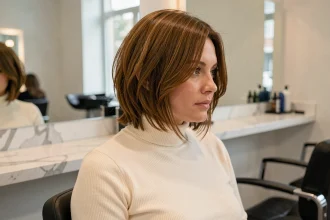 Femme aux cheveux courts en carré plongeant destructuré encadrant un visage rond dans un salon de coiffure moderne