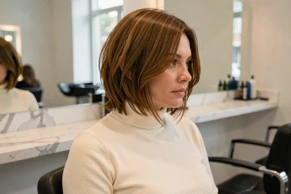 Femme aux cheveux courts en carré plongeant destructuré encadrant un visage rond dans un salon de coiffure moderne
