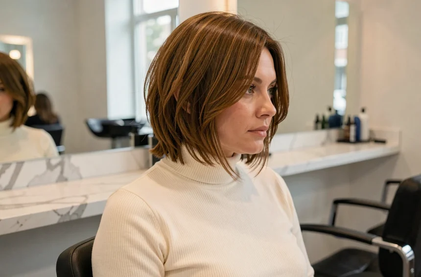 Femme aux cheveux courts en carré plongeant destructuré encadrant un visage rond dans un salon de coiffure moderne