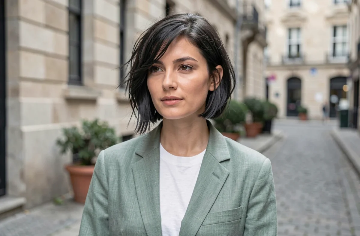 Femme avec un carré plongeant court et destructuré sublimant un visage rond en extérieur dans une rue pavée