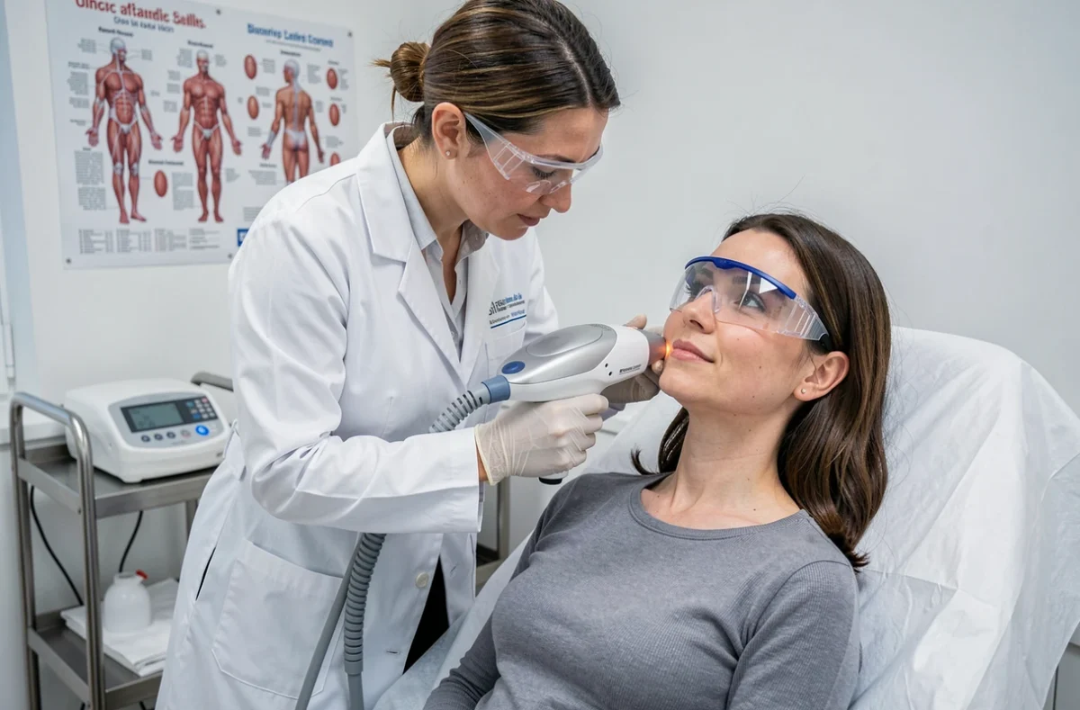 Traitement laser cutané en cours au Centre Laser Liberté à Lille, patiente avec lunettes de protection et praticienne professionnelle