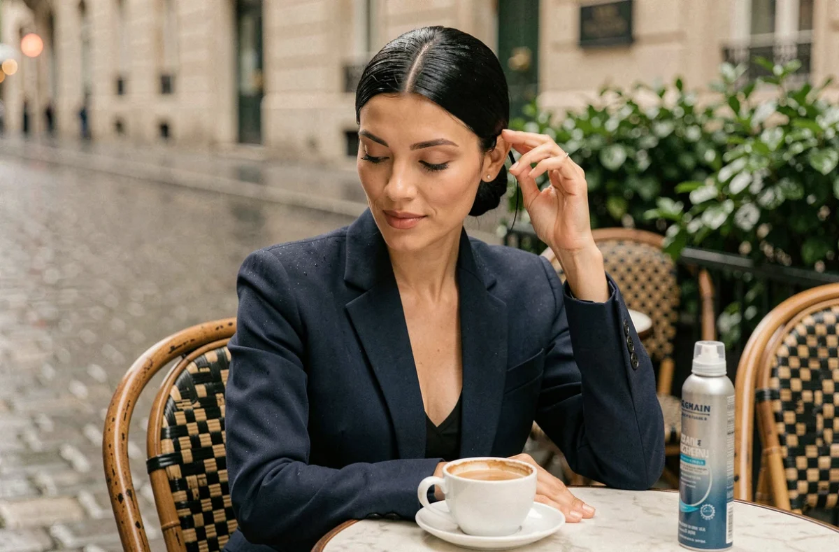 Femme en terrasse de café avec un chignon lisse et un spray anti-humidité sur la table, conseils coiffure par temps humide