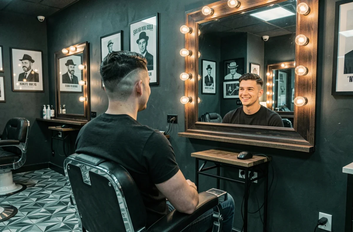 Jeune homme admirant son fade parfait dans le miroir d'un barbershop tendance à Lille