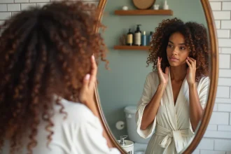 Jeune femme aux cheveux bouclés longs appliquant de la crème coiffante devant un miroir de salle de bain