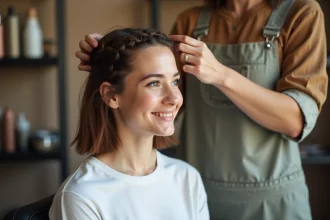 Jeune femme souriante avec tresses par un coiffeur professionnel
