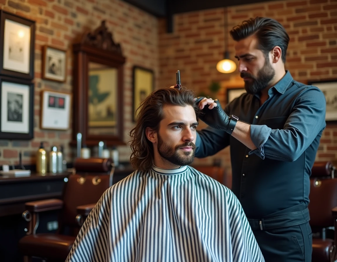 Coiffeur professionnel réalisant un dégradé bas sur un homme aux cheveux longs et ondulés dans un barbershop vintage