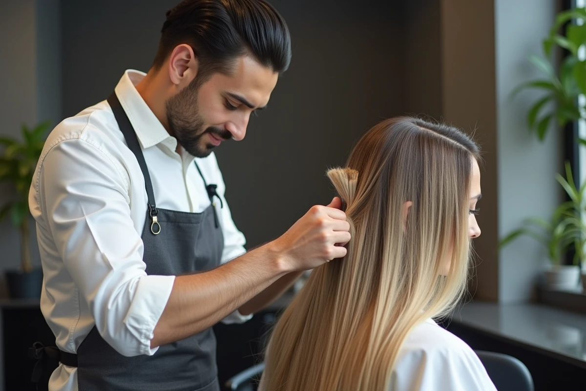 Coiffeur appliquant des extensions capillaires