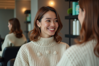 Femme souriante dans un salon coiffure moderne après une coupe