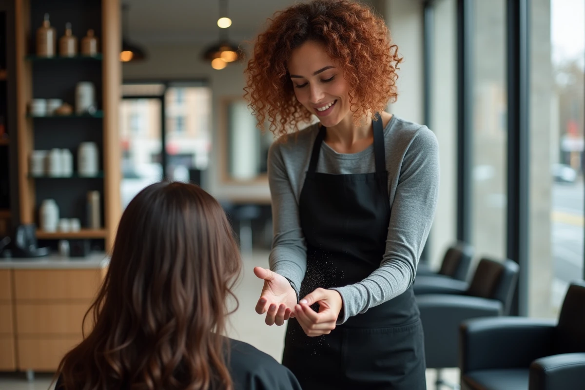 Coiffeuse professionnelle appliquant du gel en poudre sur les cheveux d'une cliente dans un salon de coiffure urbain