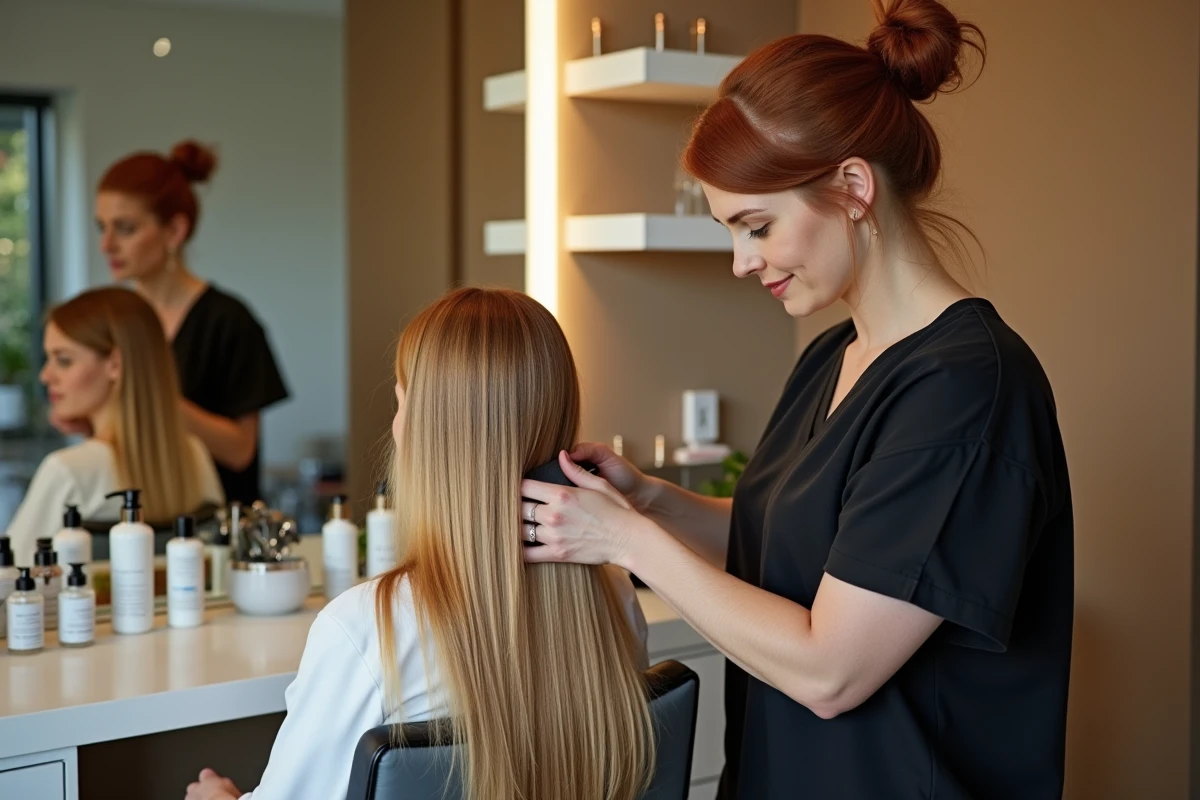 Coiffeuse professionnelle examinant les pointes des cheveux longs d'une cliente en salon, dans le contexte d'un suivi de pousse capillaire