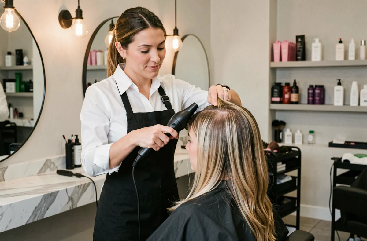 Coiffeuse professionnelle ajoutant du volume aux cheveux fins d'une cliente en salon