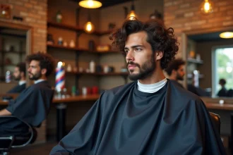 Homme aux cheveux fins et bouclés assis dans un fauteuil de barbier regardant son reflet dans un miroir