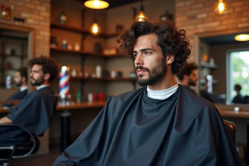 Homme aux cheveux fins et bouclés assis dans un fauteuil de barbier regardant son reflet dans un miroir