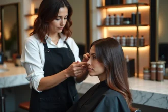 Coloriste professionnelle appliquant une coloration capillaire sur une cliente dans un salon de coiffure parisien moderne