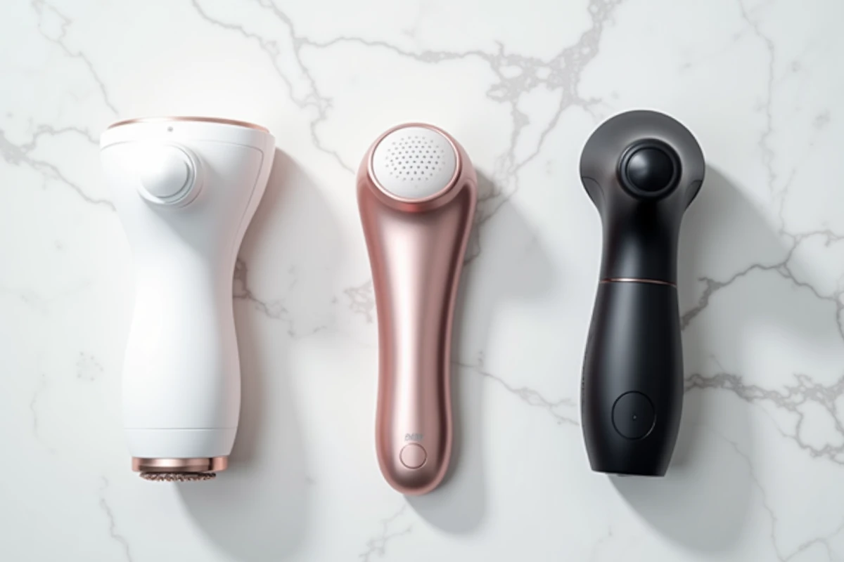 Comparaison de plusieurs appareils laser anti-âge à domicile posés côte à côte sur un comptoir en marbre blanc