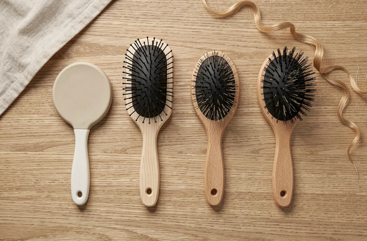 Comparaison de différentes brosses pour cheveux ondulés disposées à plat sur une surface en bois, montrant poils naturels et synthétiques