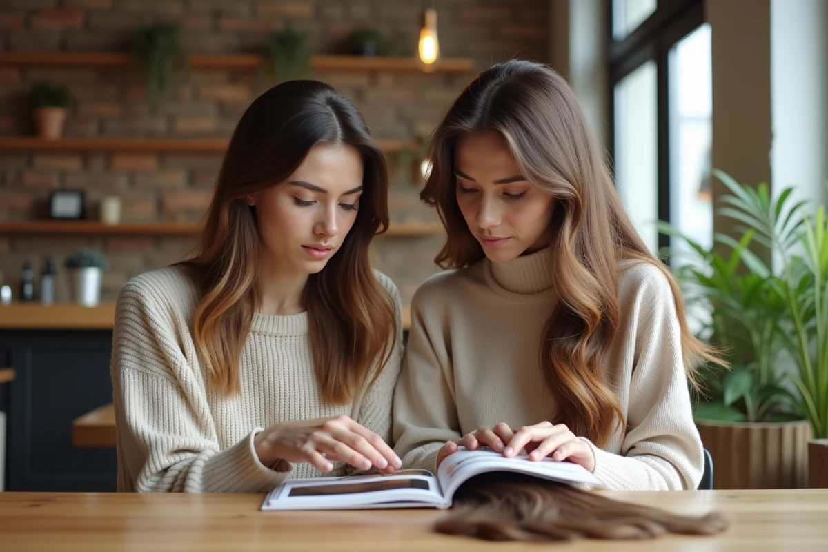 Deux femmes comparant des échantillons d'extensions de cheveux dans un café moderne, illustrant le choix de la bonne longueur d'extensions capillaires