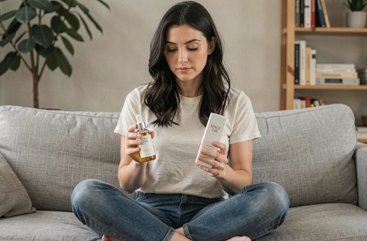 Femme comparant deux produits Space NK sur un canapé gris dans un salon cosy, évaluant la qualité des soins après plusieurs commandes