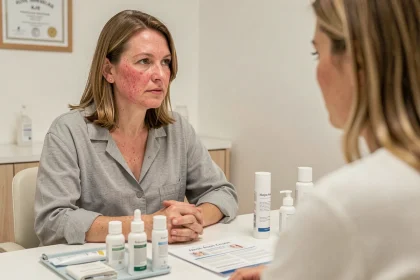 Femme atteinte de rosacée en consultation dermatologique pour trouver le meilleur produit adapté à sa peau sensible