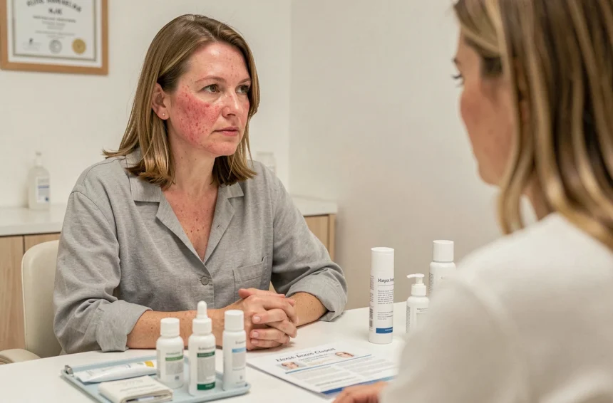 Femme atteinte de rosacée en consultation dermatologique pour trouver le meilleur produit adapté à sa peau sensible