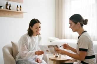 Femme consultant une esthéticienne dans un salon d'épilation moderne avant un traitement longue durée