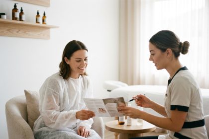 Femme consultant une esthéticienne dans un salon d'épilation moderne avant un traitement longue durée