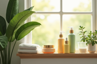 Produits cosmétiques bio naturels sur étagère en bois avec plante verte