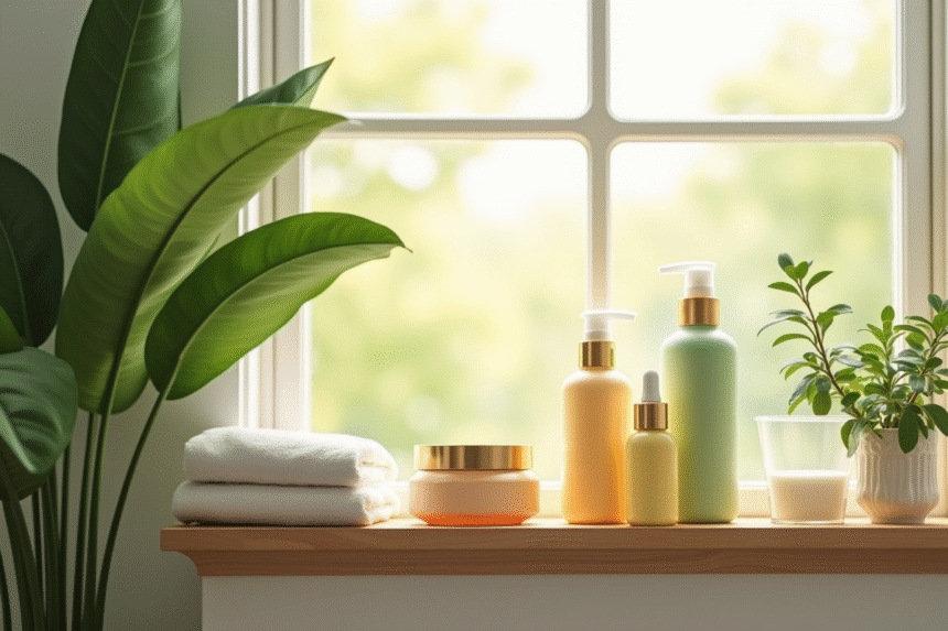 Produits cosmétiques bio naturels sur étagère en bois avec plante verte