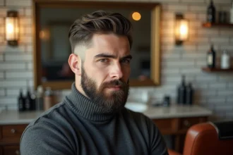 Homme élégant avec barbe courte taillée et coupe fondue dans un salon de coiffure parisien au style vintage