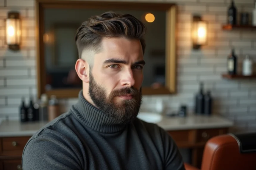 Homme élégant avec barbe courte taillée et coupe fondue dans un salon de coiffure parisien au style vintage