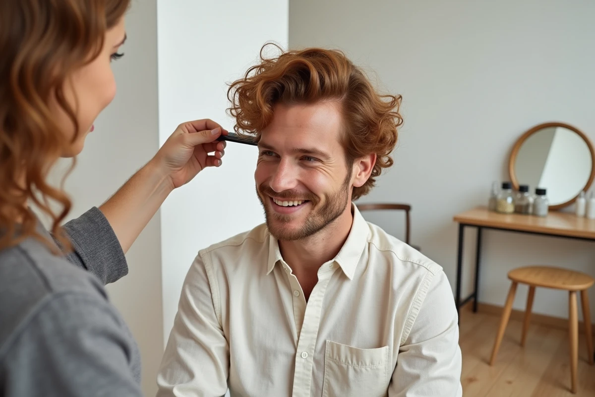 Homme aux cheveux fins et bouclés roux se faisant coiffer par un styliste dans un studio moderne