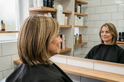 Femme aux cheveux fins coiffée d'un carré plongeant dans un salon de coiffure moderne