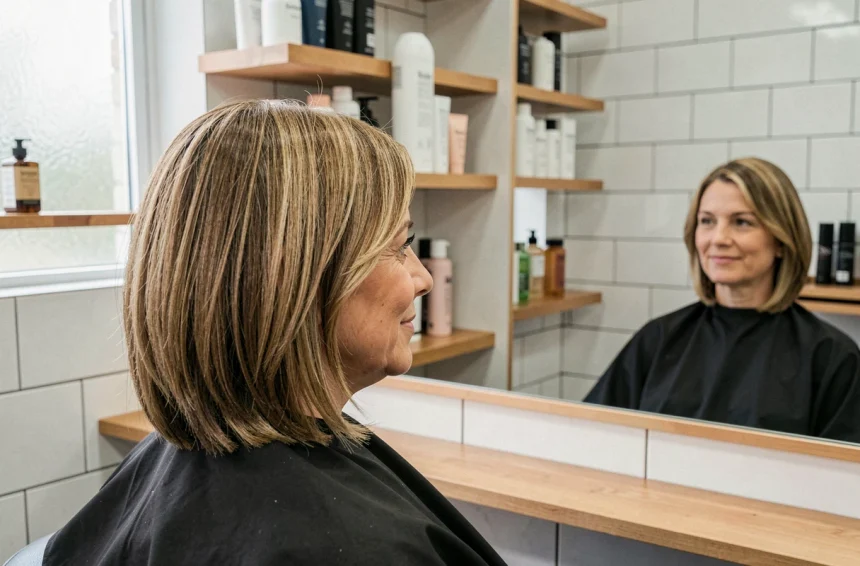 Femme aux cheveux fins coiffée d'un carré plongeant dans un salon de coiffure moderne
