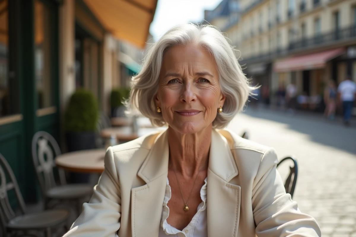 Femme de 65 ans arborant une coupe courte en couches argentées pour visage rond en terrasse parisienne