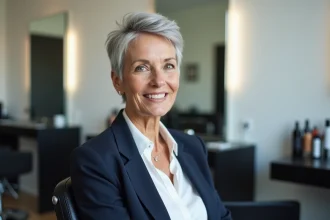 Femme de 60 ans avec une coupe courte pixie chic sur visage rond dans un salon moderne